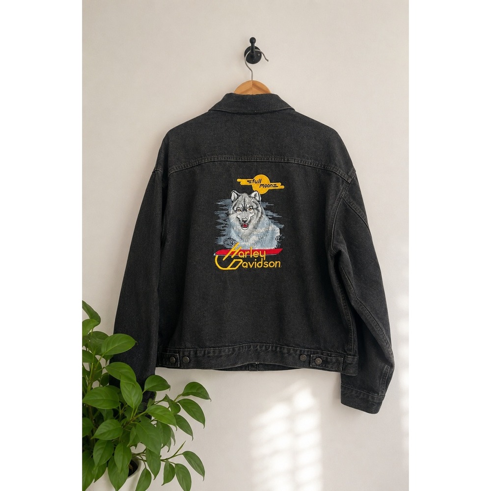 Vintage Harley Davidson Wolf Embroidered Black Denim Jacket Men's XL Biker Y2K